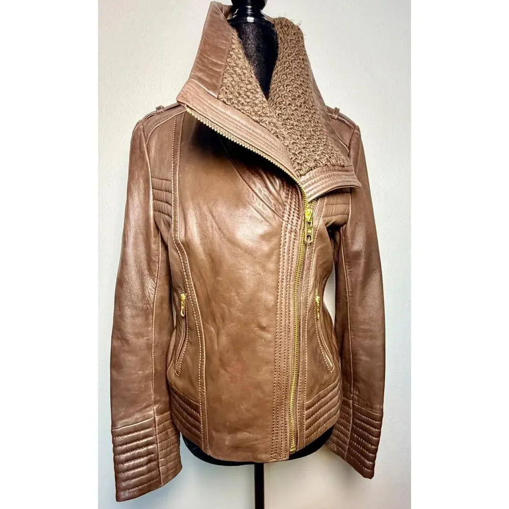 MK Michael Kors Brown Genuine Leather Moto Jacket Asymmetric Zip Knit Coll